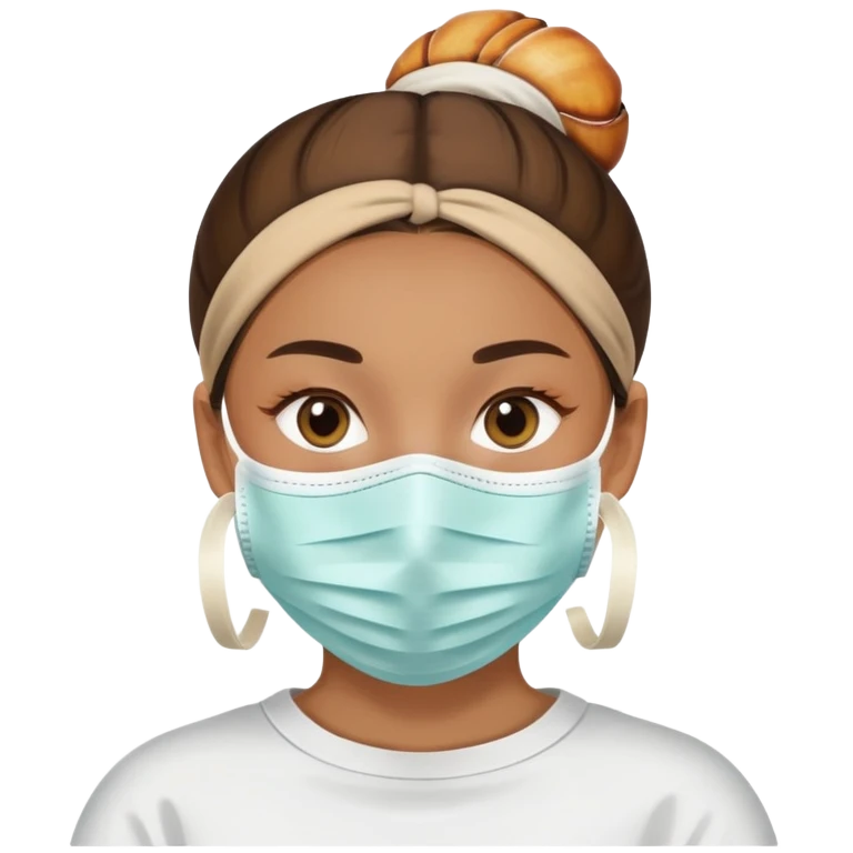 una persona con una mascarilla con un moño y una concha  emoji