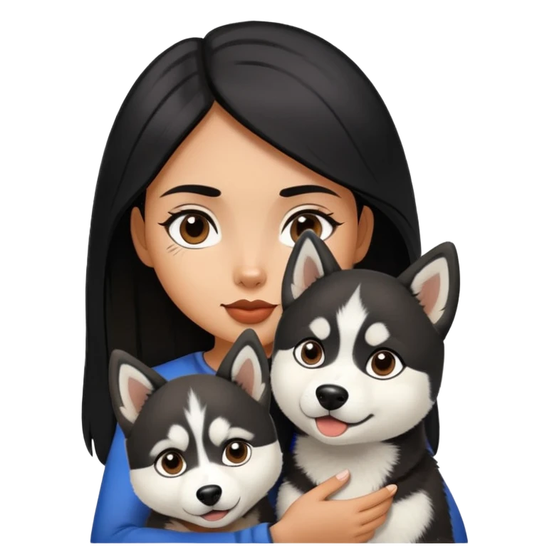 A black-haired girl is holding a black and white husky emoji
