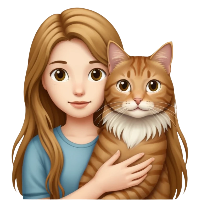 Long-haired girl holding a long-haired tabby cat emoji