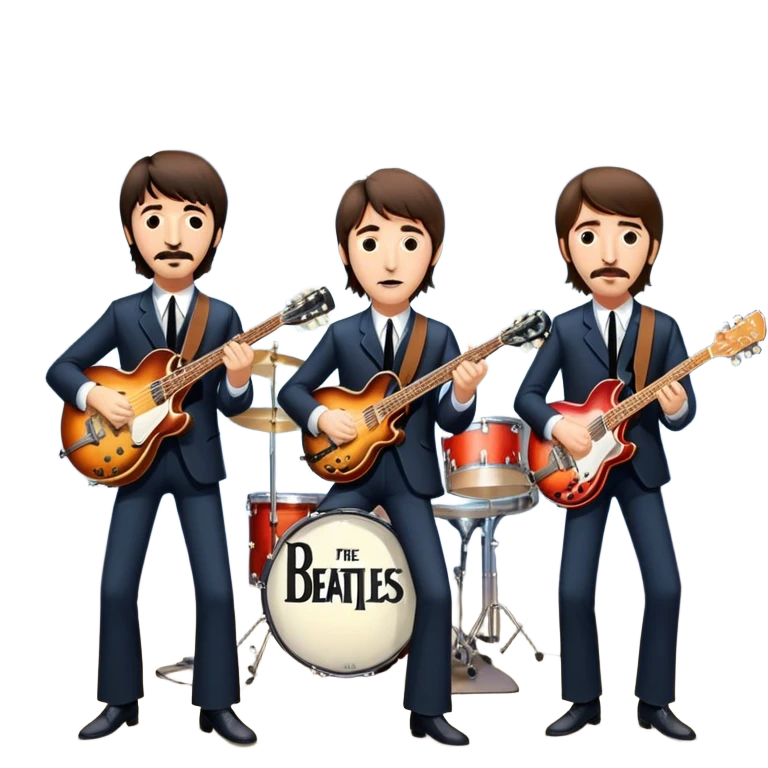 Rock music icon: The Beatles performing live on stage. John Lennon with guitar, Paul McCartney with bass, George Harrison with guitar, Ringo Starr on drums. Bright lights, energetic performance. Transparent background. emoji