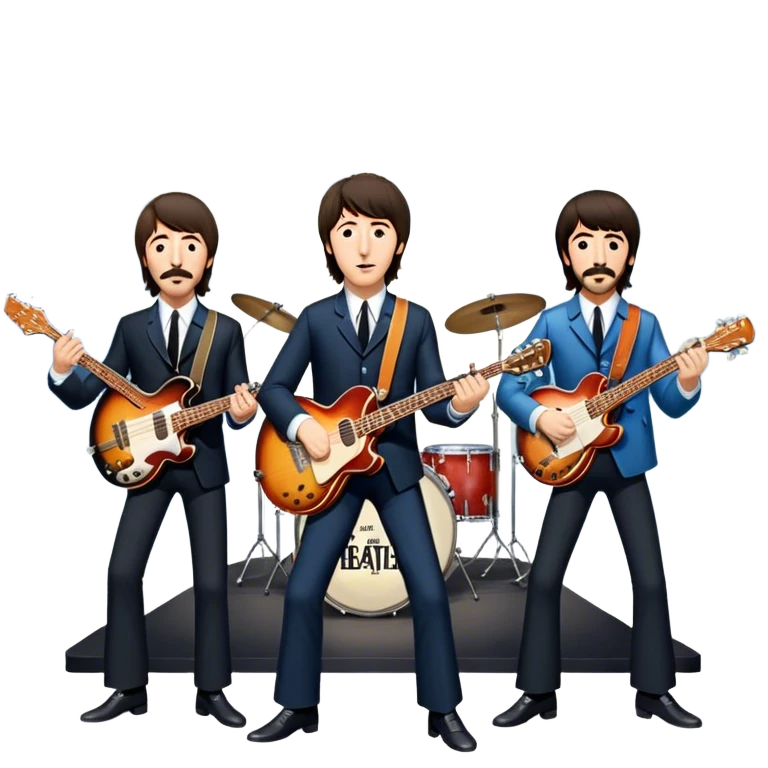 Rock music icon: The Beatles performing live on stage. John Lennon with guitar, Paul McCartney with bass, George Harrison with guitar, Ringo Starr on drums. Bright lights, energetic performance. Transparent background. emoji