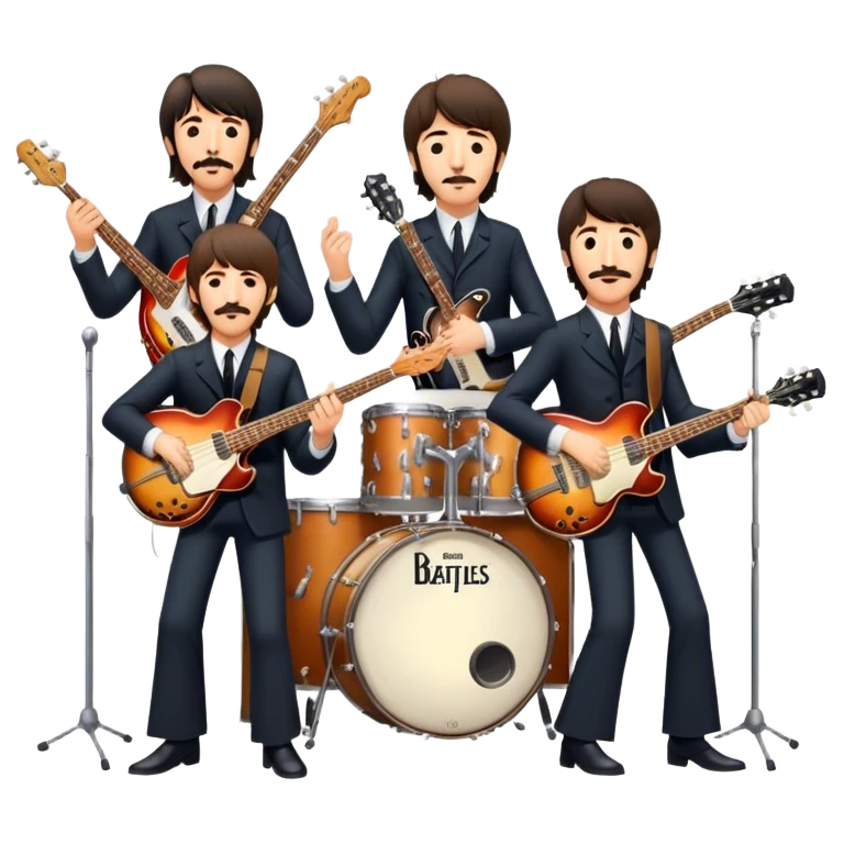 Rock music icon: The Beatles performing live on stage. John Lennon with guitar, Paul McCartney with bass, George Harrison with guitar, Ringo Starr on drums. Bright lights, energetic performance. Transparent background. emoji
