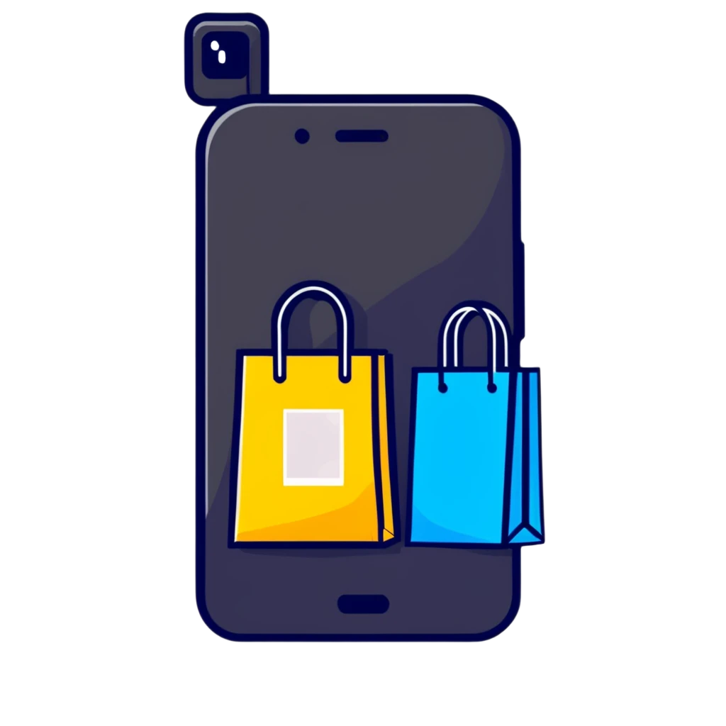 online shopping app with bag and smartphone emoji