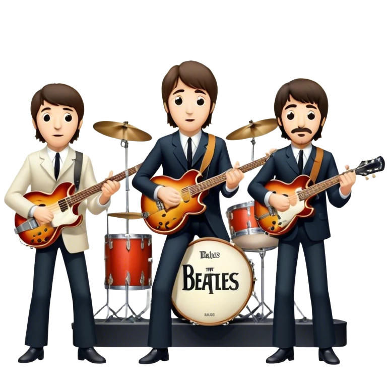 Rock music icon: The Beatles performing live on stage. John Lennon with guitar, Paul McCartney with bass, George Harrison with guitar, Ringo Starr on drums. Bright lights, energetic performance. Transparent background. emoji