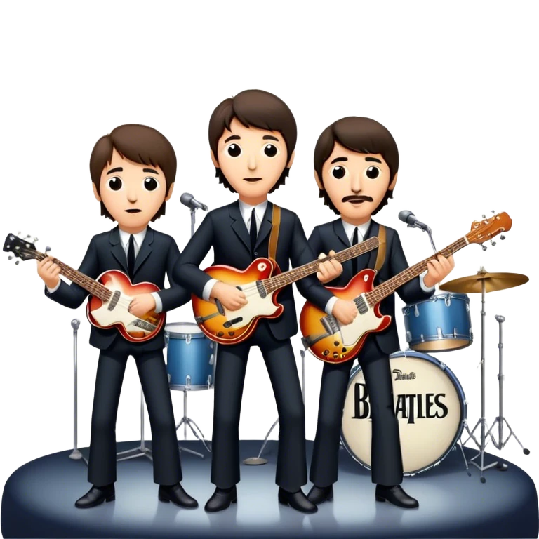 Rock music icon: The Beatles performing live on stage. John Lennon with guitar, Paul McCartney with bass, George Harrison with guitar, Ringo Starr on drums. Bright lights, energetic performance. Transparent background. emoji
