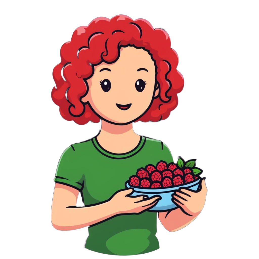 red-haired curly-haired woman holding raspberries in her hands emoji