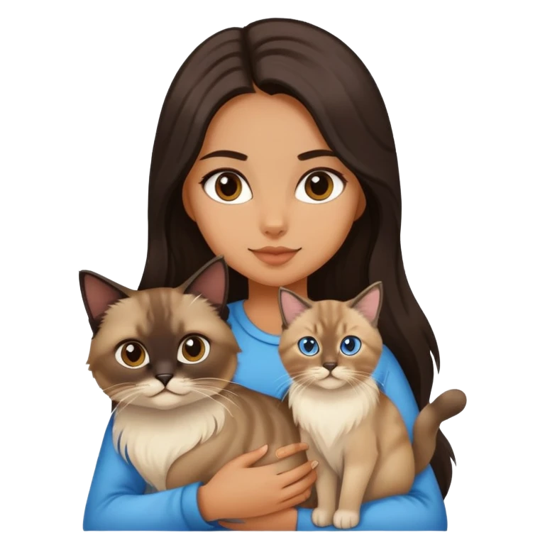 A girl with dark long hair holding a siamese cat and a siberian cat emoji