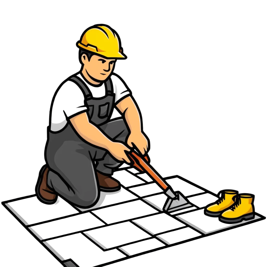 Moldovan builder laying floor tiles, construction worker with tools emoji