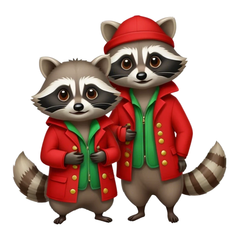 One raccoon wearing red and one raccoon wearing green emoji