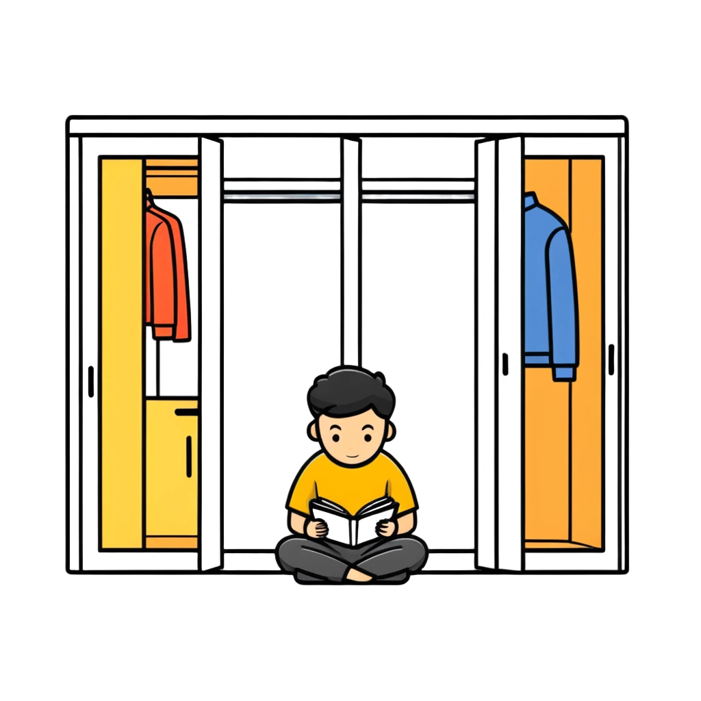 A man is sitting on the floor of an apartment. There are parts of a new wardrobe lying on the floor. An open instruction book is lying on the man's head. emoji