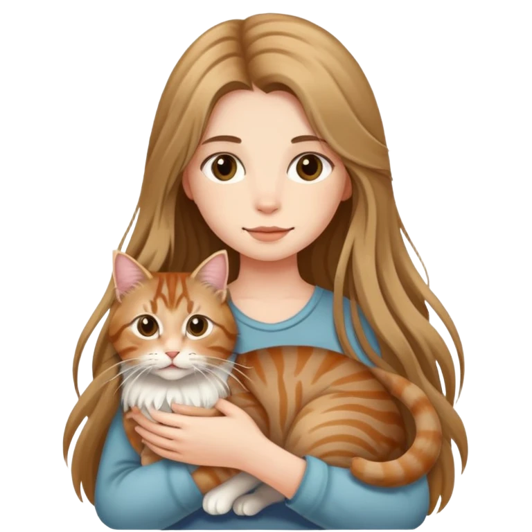 A long-haired girl holding a long haired tabby emoji