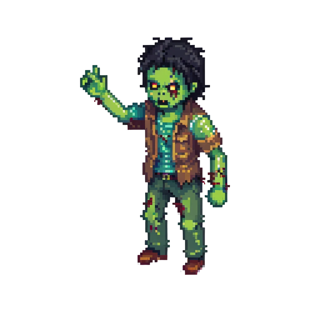 isometric zombie with one arm raised in the air and messy black hair emoji