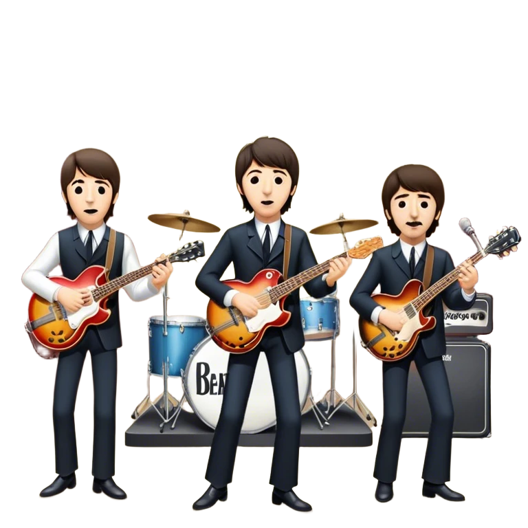 Rock music icon: The Beatles performing live on stage. John Lennon with guitar, Paul McCartney with bass, George Harrison with guitar, Ringo Starr on drums. Bright lights, energetic performance. Transparent background. emoji