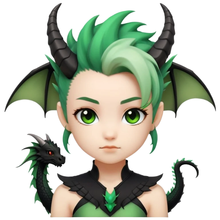 Generate a chibi girl with black dragon features such as horns, wings and a tail she has a black and green gradient mohawk emoji