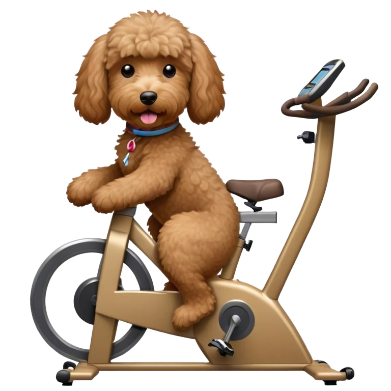brown goldendoodle riding a spin bike emoji