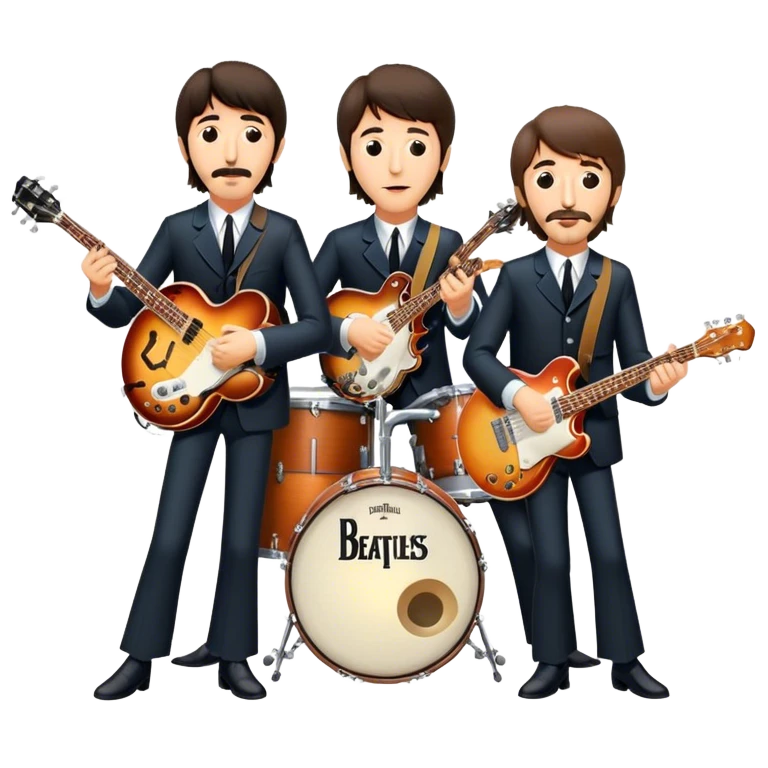 Rock music icon: The Beatles performing live on stage. John Lennon with guitar, Paul McCartney with bass, George Harrison with guitar, Ringo Starr on drums. Bright lights, energetic performance. Transparent background. emoji