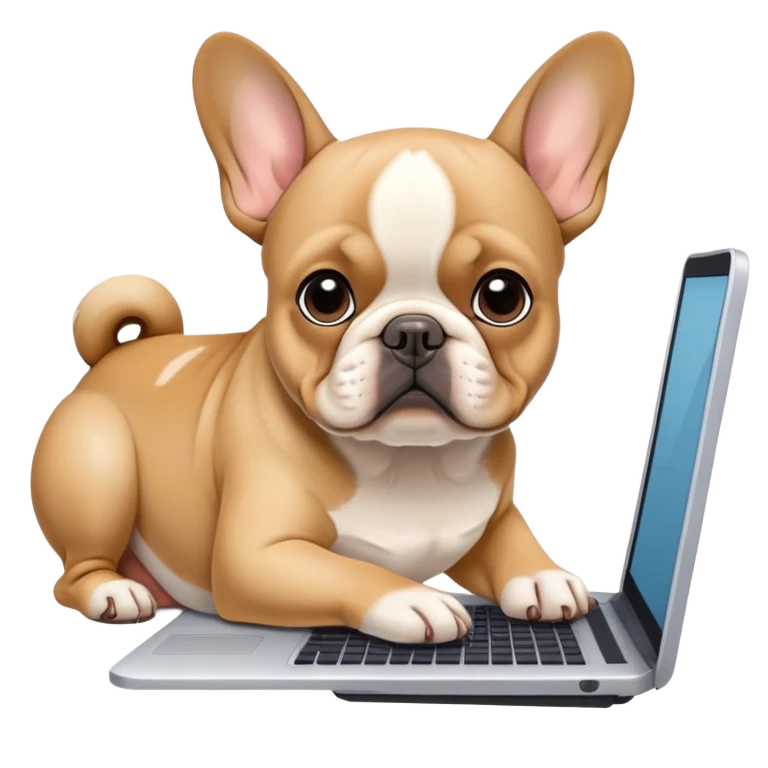 Fawn french bulldog working behind computer emoji