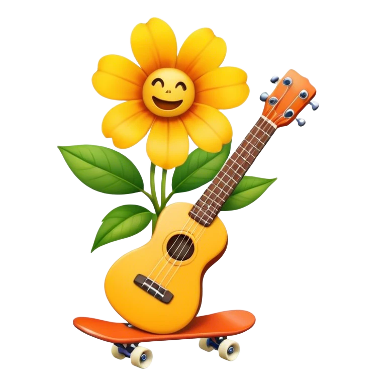 A skateboarding flower with an ukulele in its hand emoji