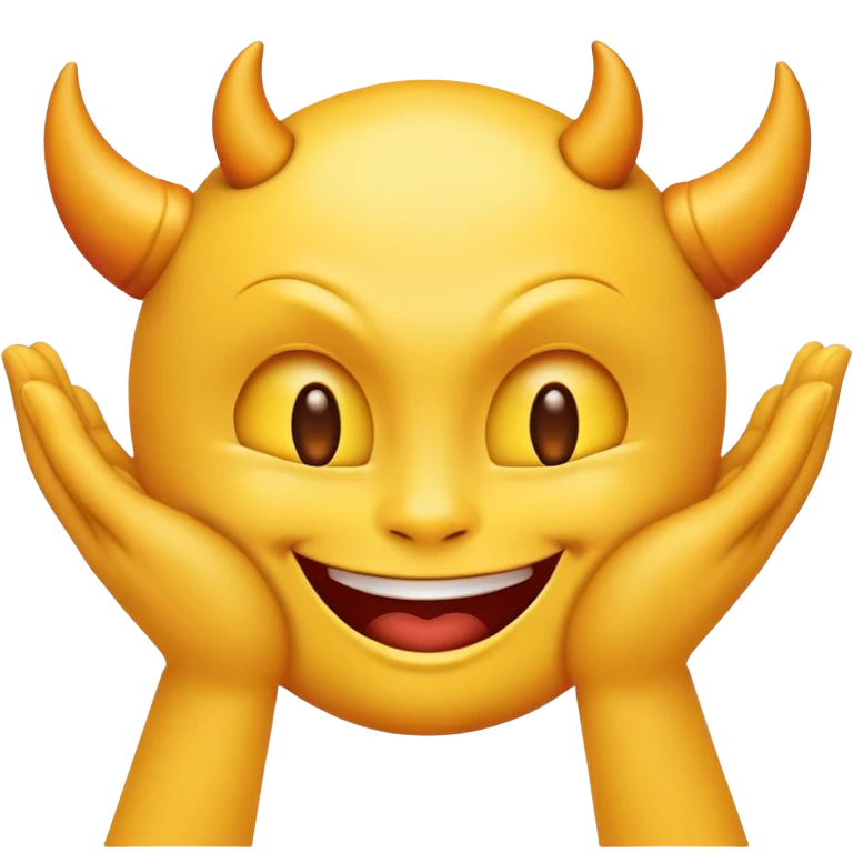yellow emoji face with devil-like grin and hands rubbing together deviously emoji
