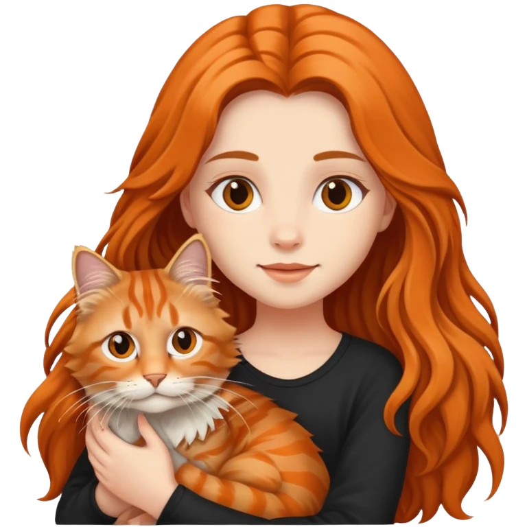 A long-haired girl holding a long haired tabby emoji
