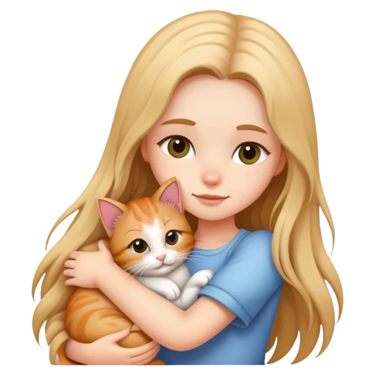 A girl with long hair tightly hugged a kitten emoji