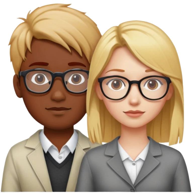 A blonde haired girl and red haired girl both with glasses standing next to an Indian male emoji