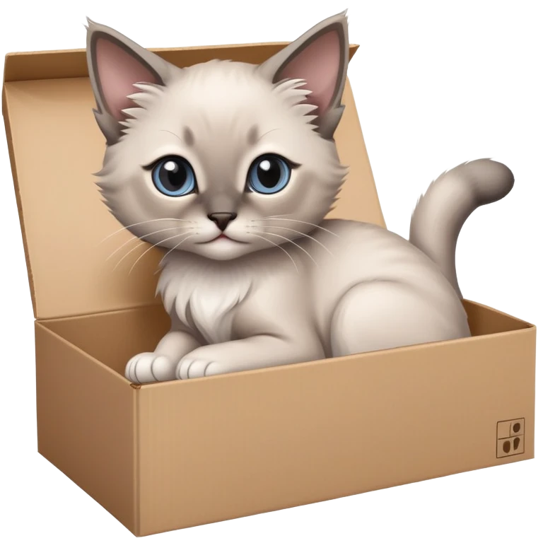  A very cute gery young kitten long hair Siamese Cat cat with one's head tilted to one side poked its paws out of the cardboard big box and placed them on top of it emoji