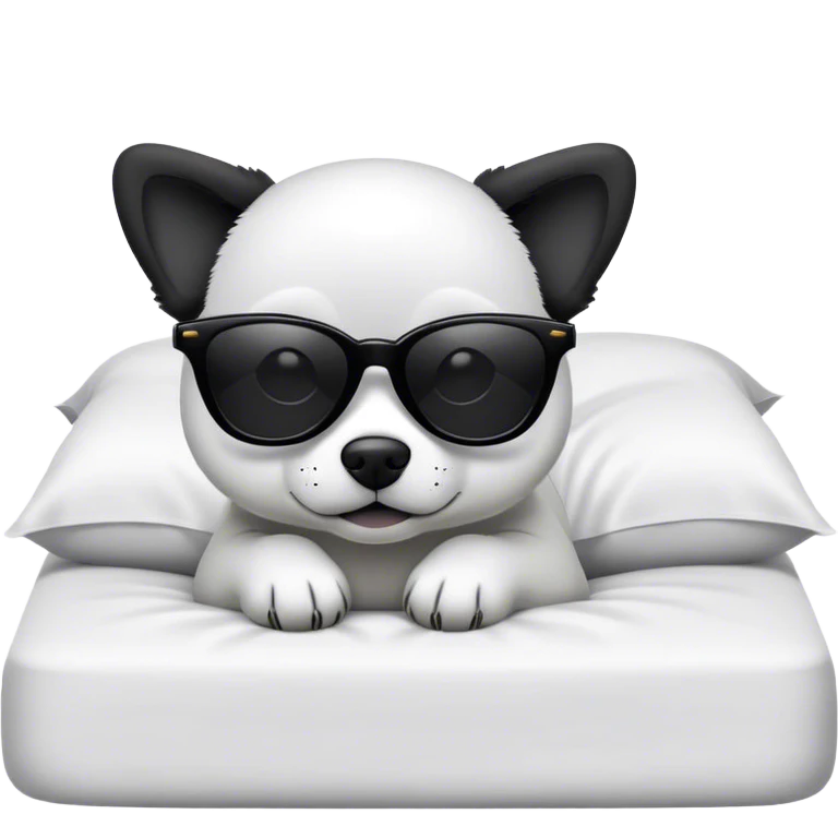Perro blanco y negro pequeño con gafas de sol en una cama emoji