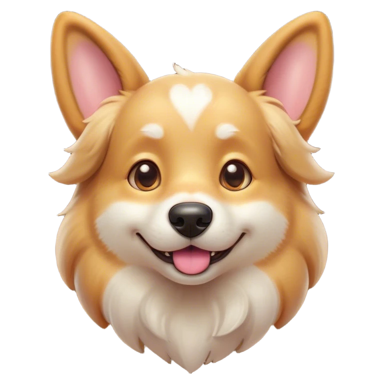 Cinematic Cute Domestic Dog Portrait Emoji, Head tilted playfully and inquisitively, with a delightfully fluffy, friendly build and a characteristically charming face featuring a soft snout and perky ears, accentuated by a glossy coat and round, sparkling eyes full of mischief, Simplified yet irresistibly adorable features, highly detailed, glowing with a warm, friendly glow, high shine, affectionate and lively, stylized with a touch of whimsical cuteness, soft glowing outline, capturing the essence of a mischievous yet loving dog that feels like it could bound out of the screen into your arms! emoji
