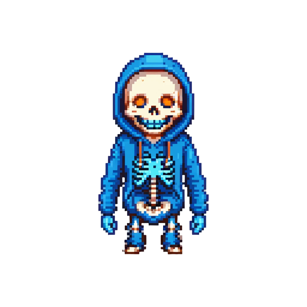 Sans from Undertale with glowing blue eye, skeleton with permanent grin, wearing blue hoodie emoji