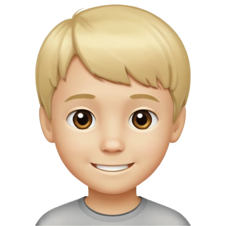 un niño rubio de pelo corto de 8 años con flequillo sobre la frente y sonriendo emoji