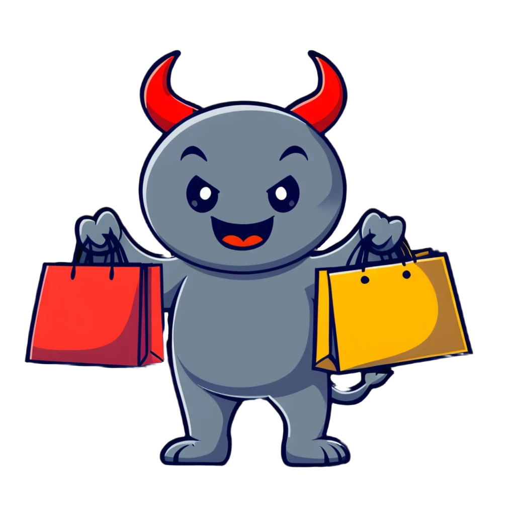Devil character with shopping bags, excited about shopping emoji
