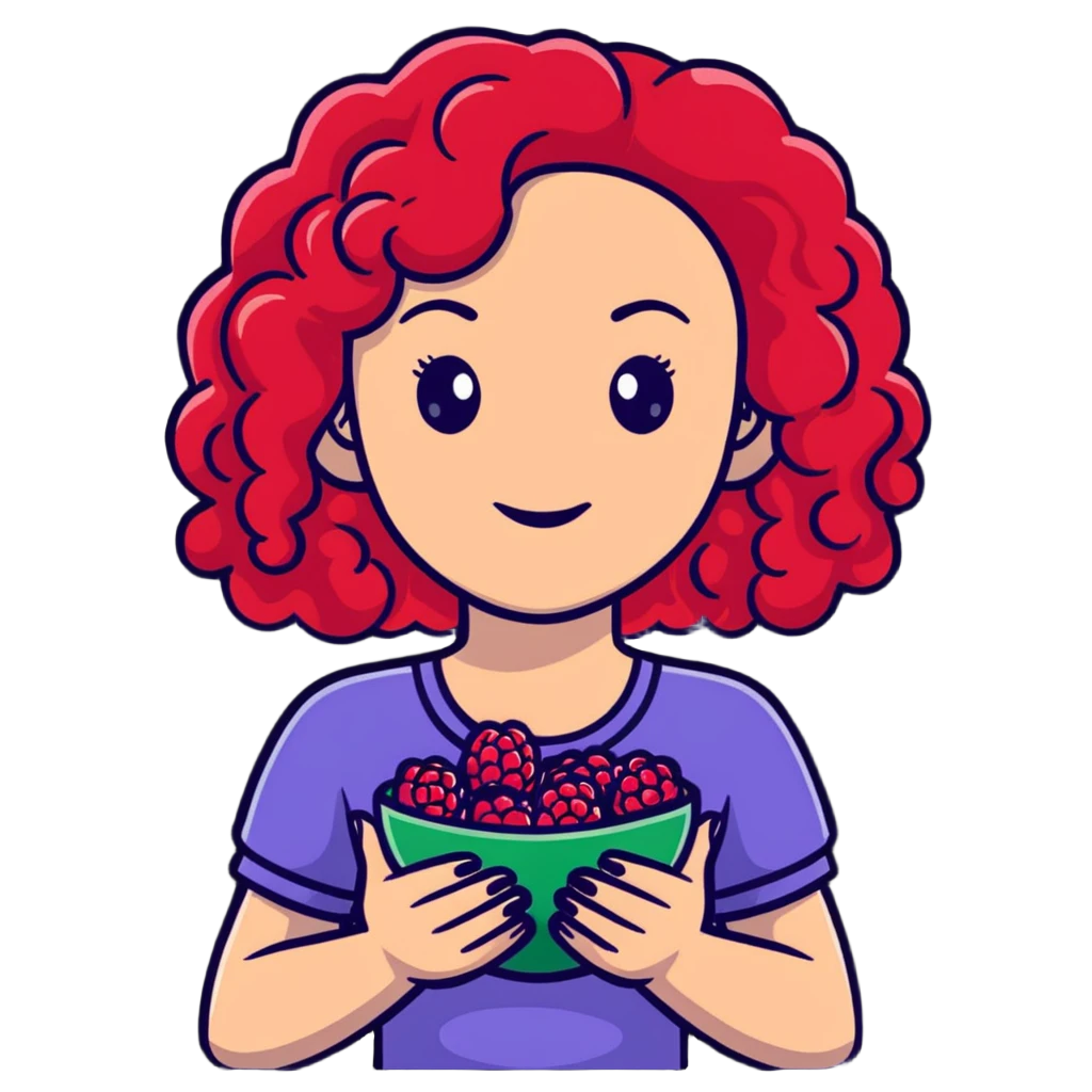 red-haired curly-haired woman holding raspberries in her hands emoji