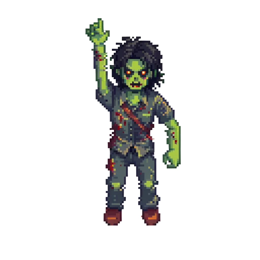 isometric zombie with one arm raised in the air and messy black hair emoji