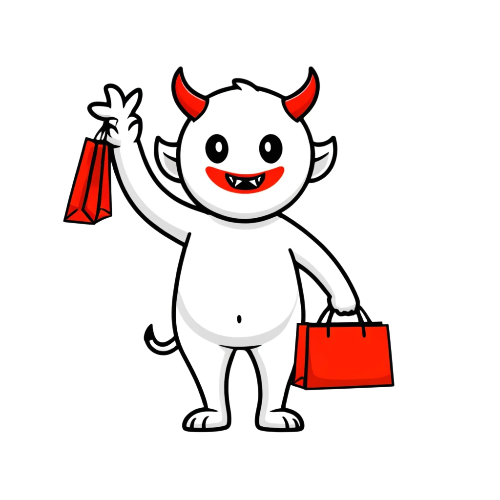 Devil character with shopping bags, excited about shopping emoji