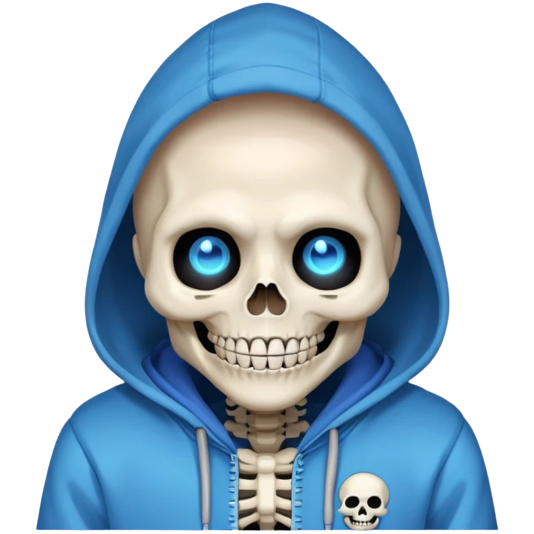 Sans from Undertale with glowing blue eye, skeleton with permanent grin, wearing blue hoodie emoji