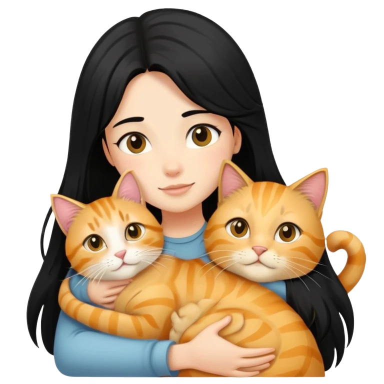 A black-haired girl hugs a long-haired golden tabby cat emoji