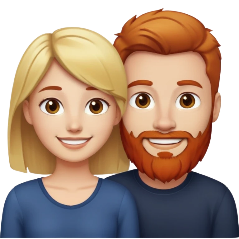Girl with short brown hair smiling next to man with blonde hair and red beard. emoji