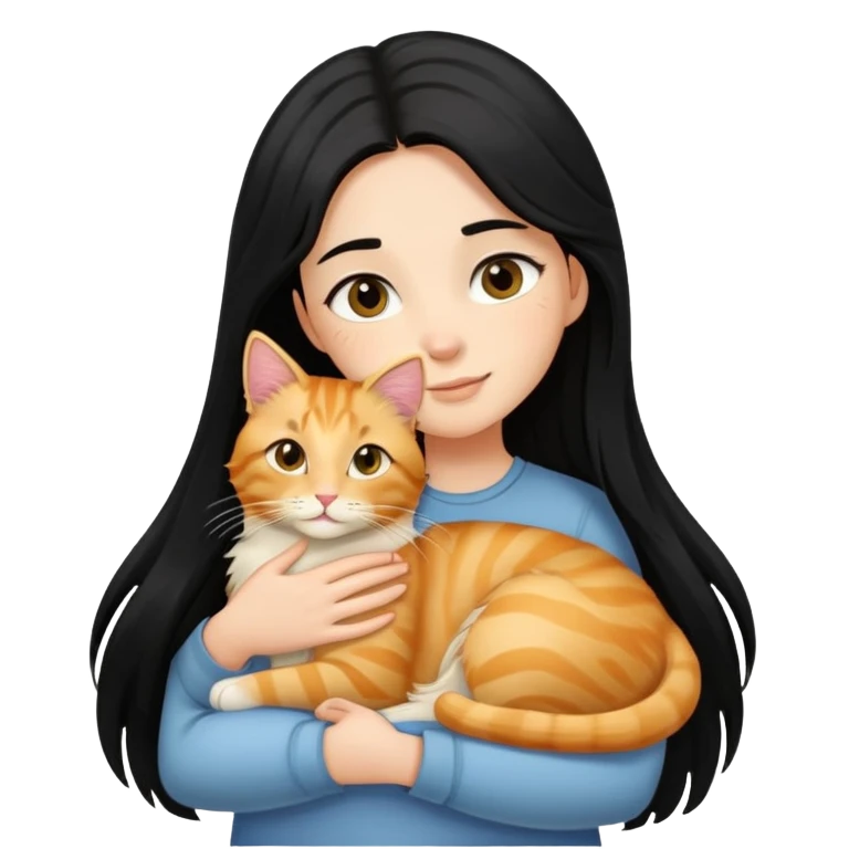 A black-haired girl hugs a long-haired golden tabby cat emoji
