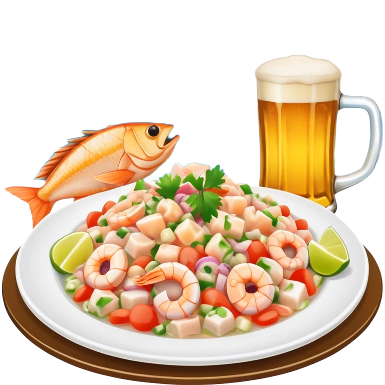 Ceviche de pescada con una cerveza a lado frente al mar emoji