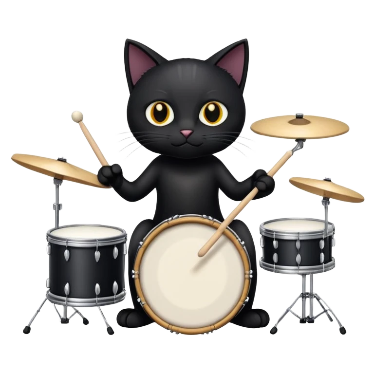 un gatto nero con le zampe bianche che suona la batteria  emoji