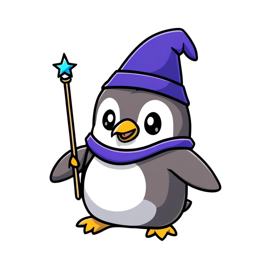 Penguin wizard with magical wand and wizard hat, cartoon sticker emoji