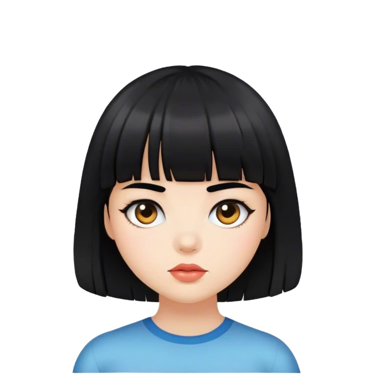 girl with black hair and bangs, with big face emoji