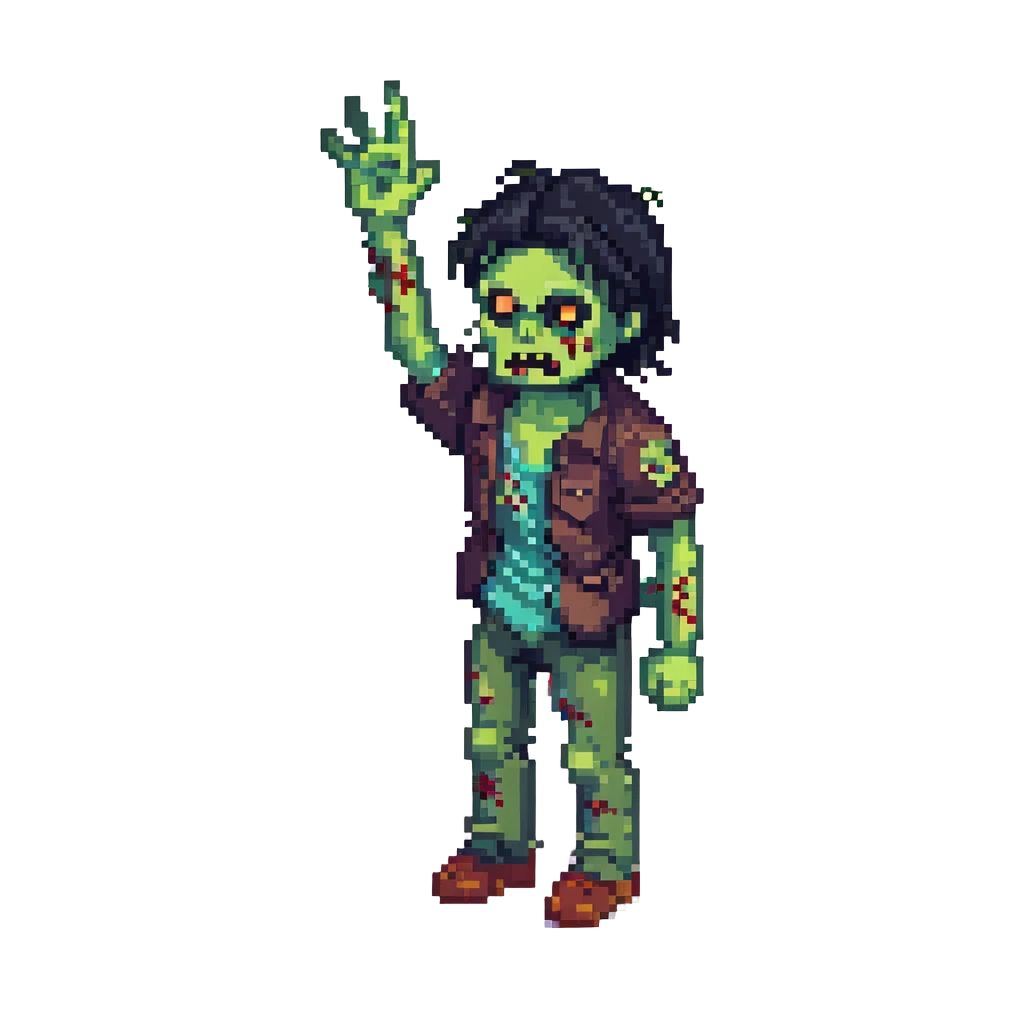 isometric zombie with one arm raised in the air and messy black hair emoji