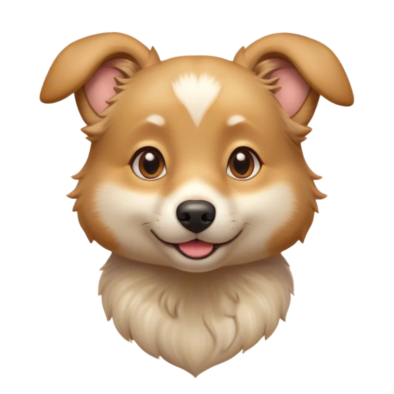 Cinematic Cute Domestic Dog Portrait Emoji, Head tilted playfully and inquisitively, with a delightfully fluffy, friendly build and a characteristically charming face featuring a soft snout and perky ears, accentuated by a glossy coat and round, sparkling eyes full of mischief, Simplified yet irresistibly adorable features, highly detailed, glowing with a warm, friendly glow, high shine, affectionate and lively, stylized with a touch of whimsical cuteness, soft glowing outline, capturing the essence of a mischievous yet loving dog that feels like it could bound out of the screen into your arms! emoji
