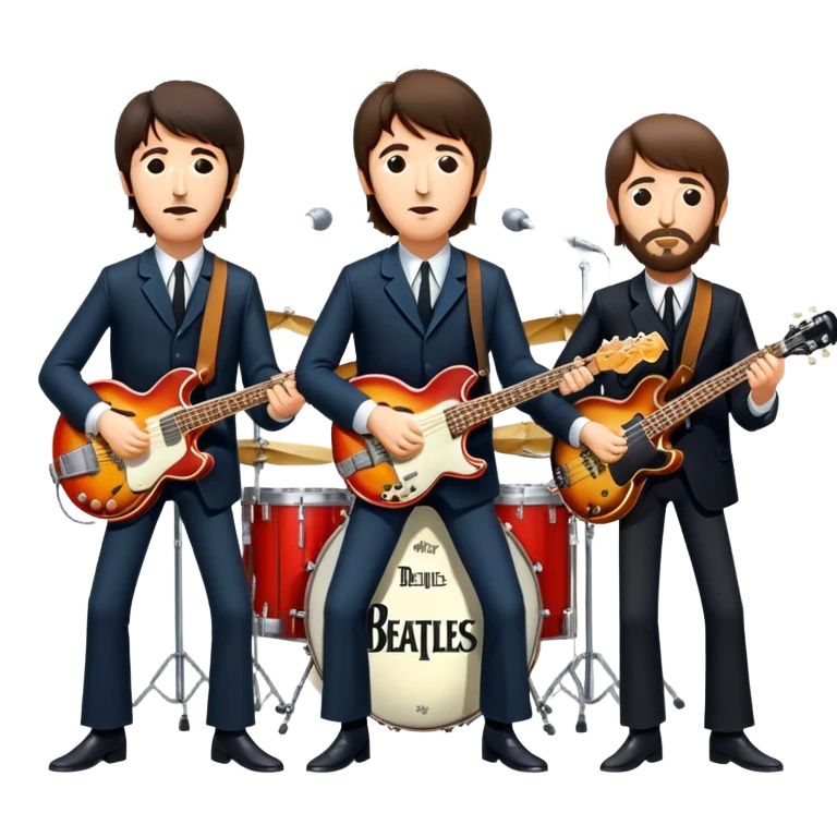 Rock music icon: The Beatles performing live on stage. John Lennon with guitar, Paul McCartney with bass, George Harrison with guitar, Ringo Starr on drums. Bright lights, energetic performance. Transparent background. emoji