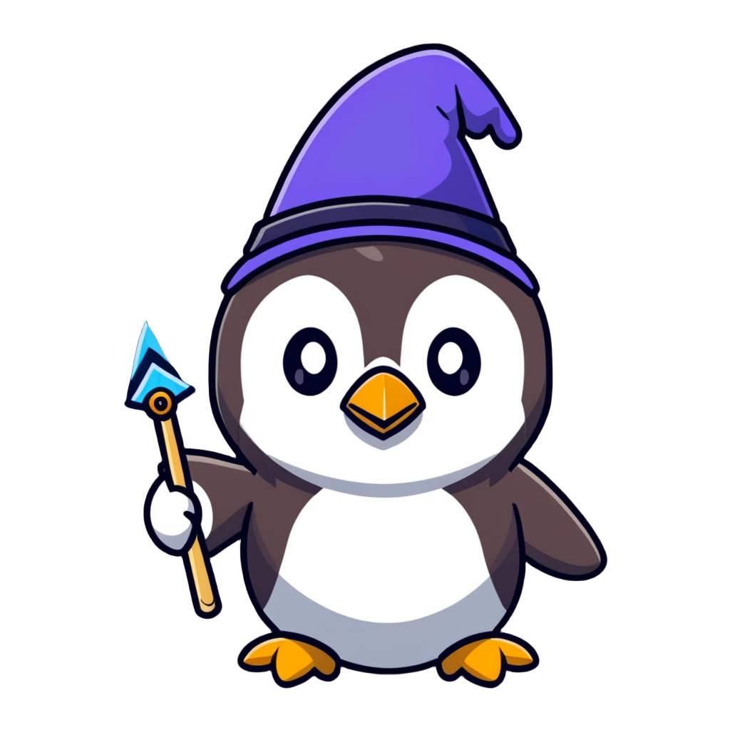 Penguin wizard with magical wand and wizard hat, cartoon sticker emoji