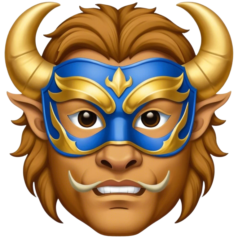 a man, with a Blue vest,  wear half-face golden Buffalo masquerade mask emoji