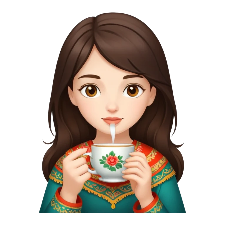 девочка брюнетка в папахе пьет чай emoji