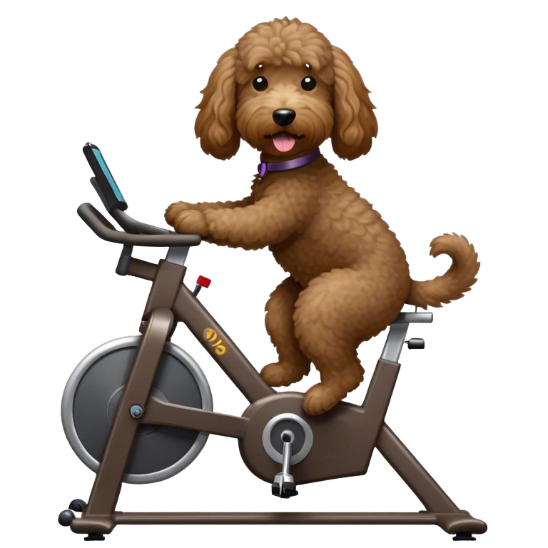 Dark brown goldendoodle riding a spin bike emoji